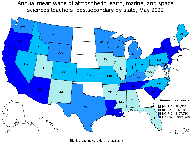 Map of annual mean wages of atmospheric, earth, marine, and space sciences teachers, postsecondary by state, May 2022