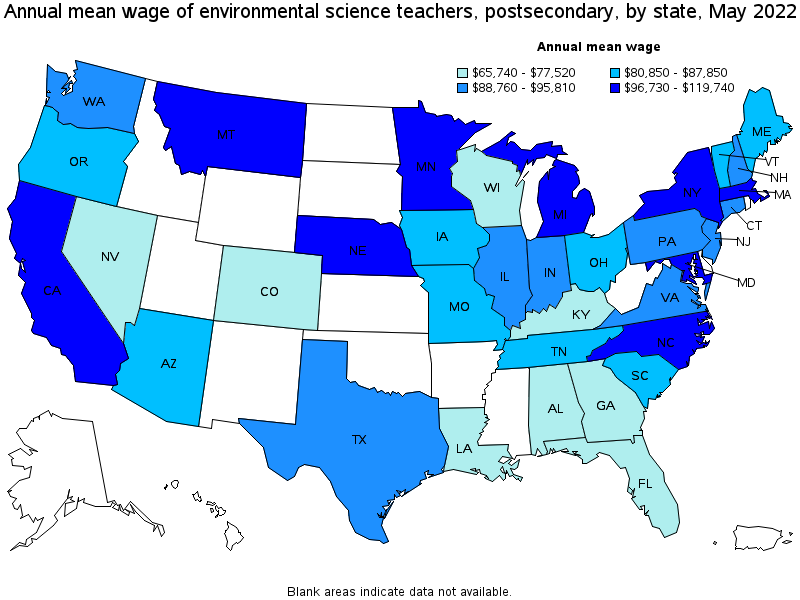 Map of annual mean wages of environmental science teachers, postsecondary by state, May 2022