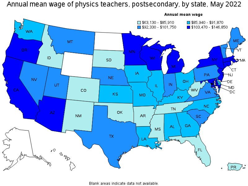 Map of annual mean wages of physics teachers, postsecondary by state, May 2022
