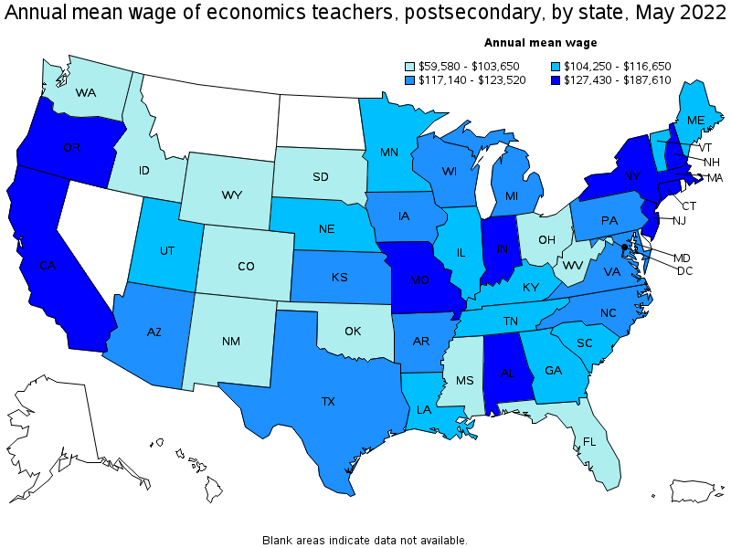 Map of annual mean wages of economics teachers, postsecondary by state, May 2022