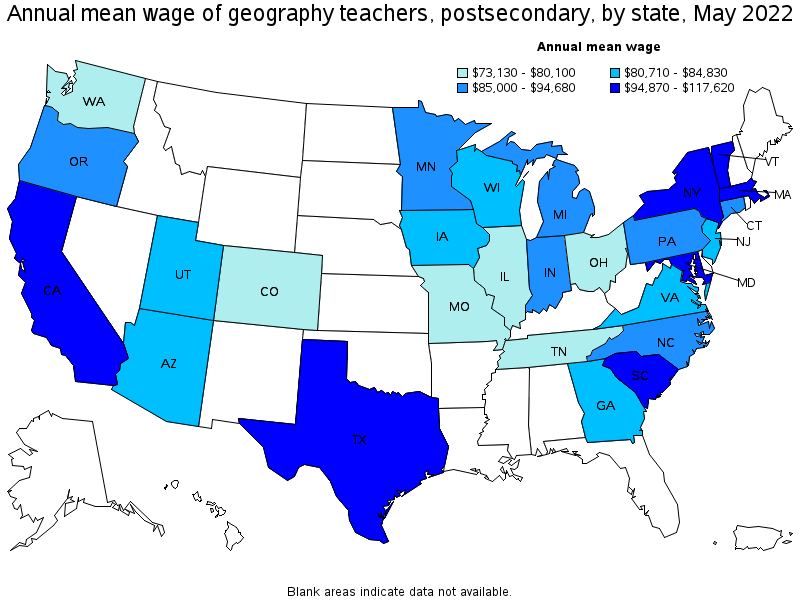 Map of annual mean wages of geography teachers, postsecondary by state, May 2022