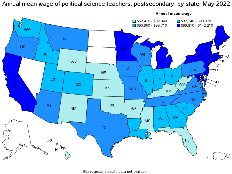 Map of annual mean wages of political science teachers, postsecondary by state, May 2022