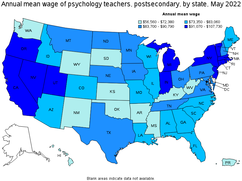 Map of annual mean wages of psychology teachers, postsecondary by state, May 2022