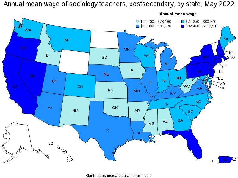 Map of annual mean wages of sociology teachers, postsecondary by state, May 2022