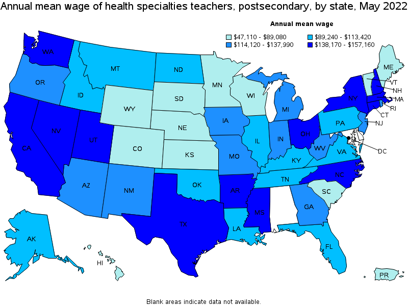 Map of annual mean wages of health specialties teachers, postsecondary by state, May 2022