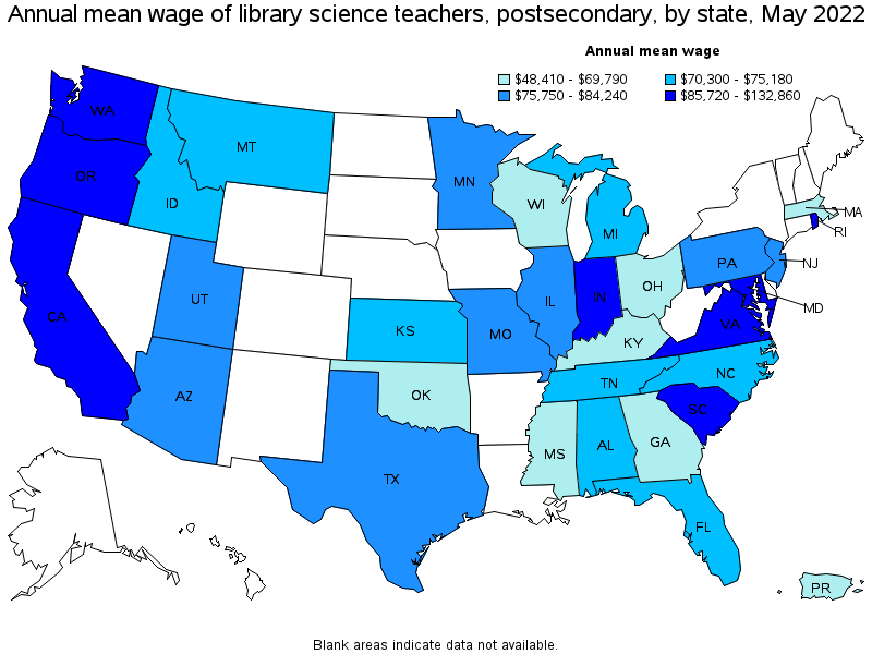 Map of annual mean wages of library science teachers, postsecondary by state, May 2022