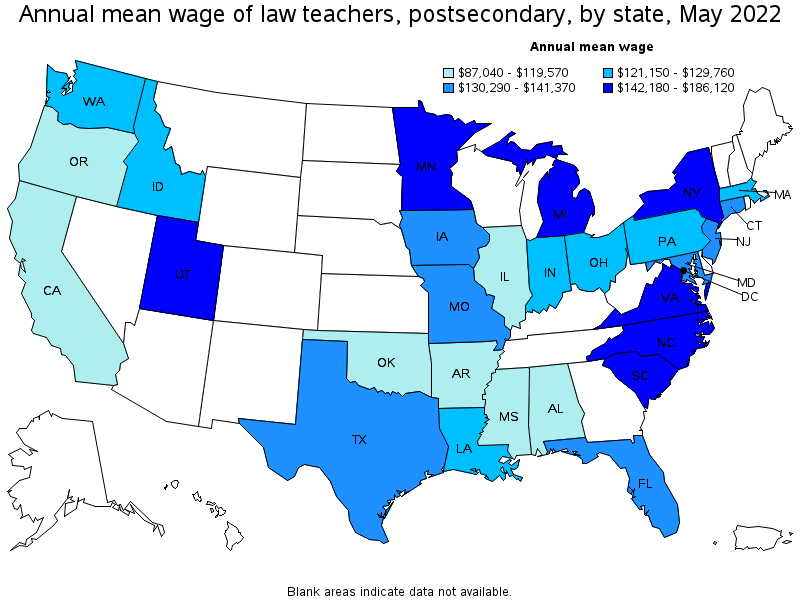 Map of annual mean wages of law teachers, postsecondary by state, May 2022
