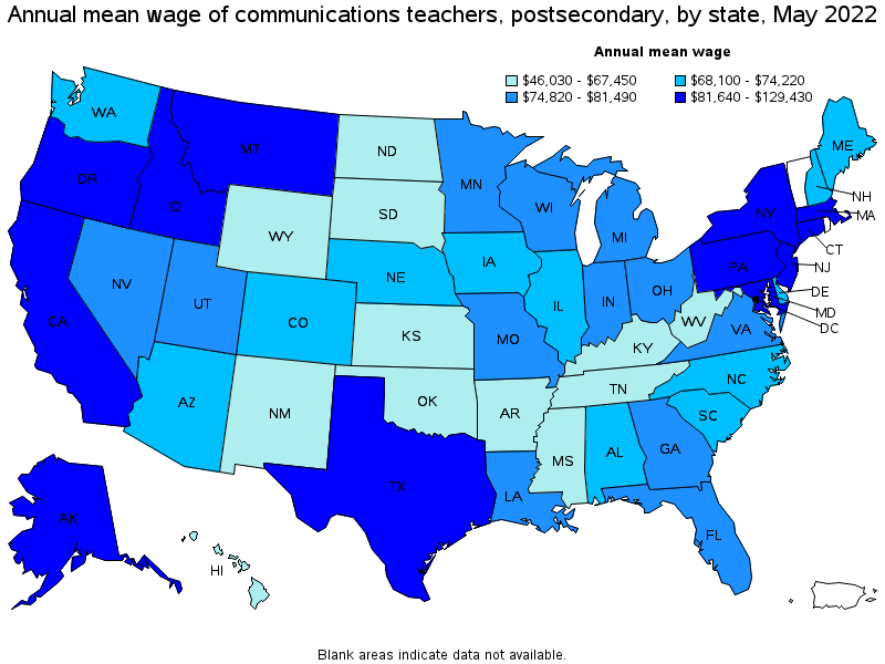 Map of annual mean wages of communications teachers, postsecondary by state, May 2022