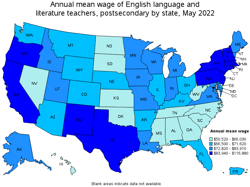 Map of annual mean wages of english language and literature teachers, postsecondary by state, May 2022