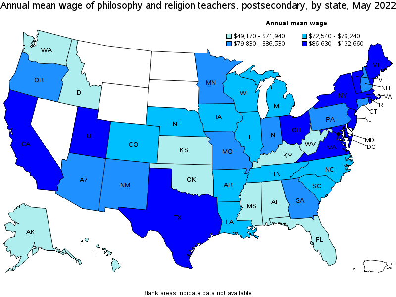 Map of annual mean wages of philosophy and religion teachers, postsecondary by state, May 2022