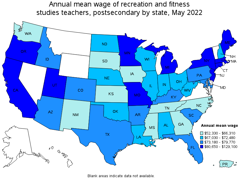Map of annual mean wages of recreation and fitness studies teachers, postsecondary by state, May 2022