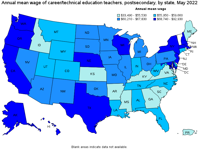 Map of annual mean wages of career/technical education teachers, postsecondary by state, May 2022