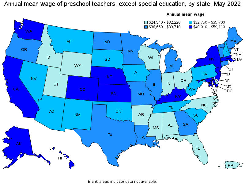 Map of annual mean wages of preschool teachers, except special education by state, May 2022
