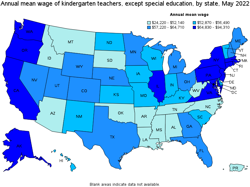 Map of annual mean wages of kindergarten teachers, except special education by state, May 2022