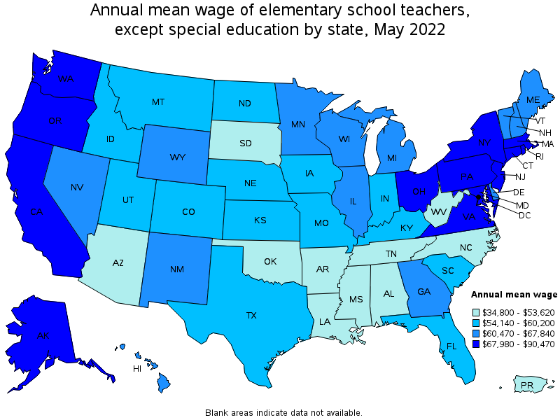 Map of annual mean wages of elementary school teachers, except special education by state, May 2022