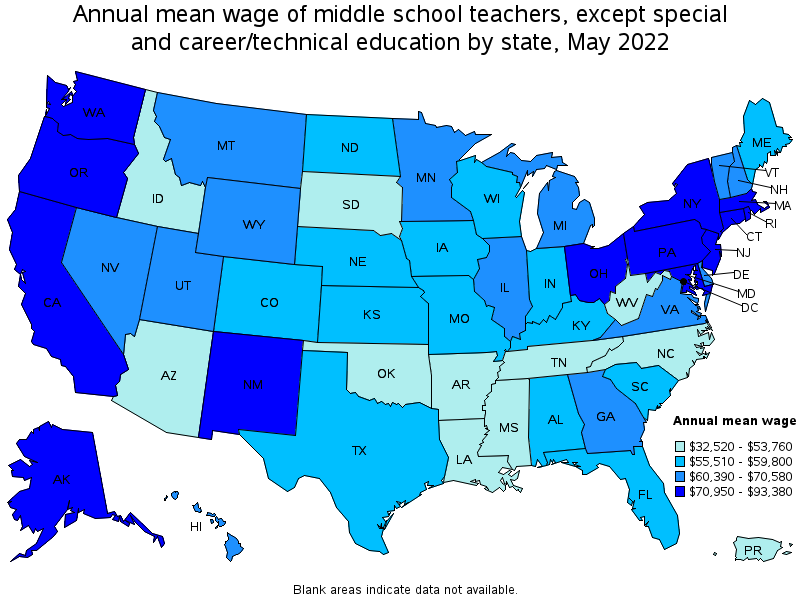 Map of annual mean wages of middle school teachers, except special and career/technical education by state, May 2022