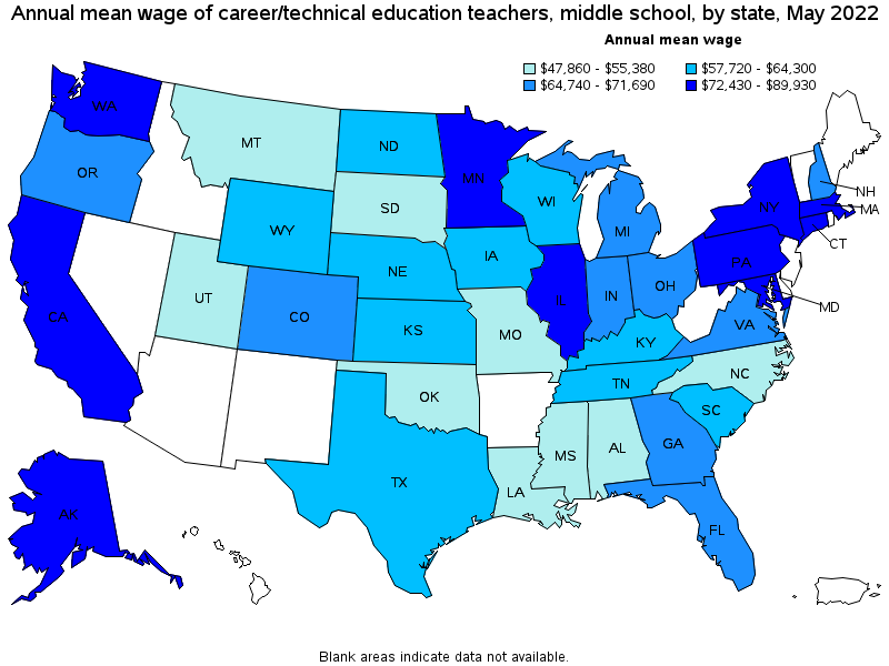 Map of annual mean wages of career/technical education teachers, middle school by state, May 2022