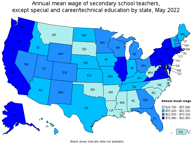 Map of annual mean wages of secondary school teachers, except special and career/technical education by state, May 2022