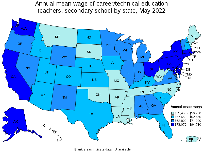 Map of annual mean wages of career/technical education teachers, secondary school by state, May 2022
