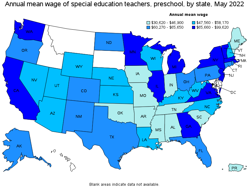 Map of annual mean wages of special education teachers, preschool by state, May 2022
