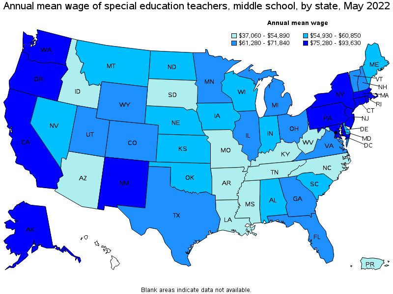Map of annual mean wages of special education teachers, middle school by state, May 2022