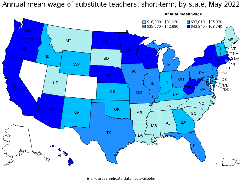 Map of annual mean wages of substitute teachers, short-term by state, May 2022