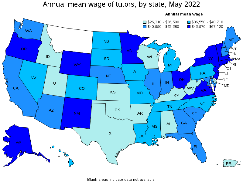 Map of annual mean wages of tutors by state, May 2022