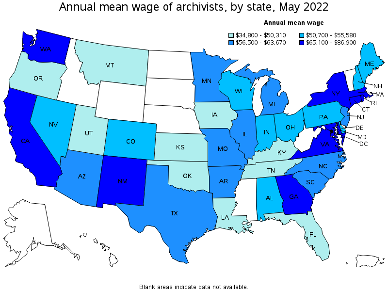 Map of annual mean wages of archivists by state, May 2022