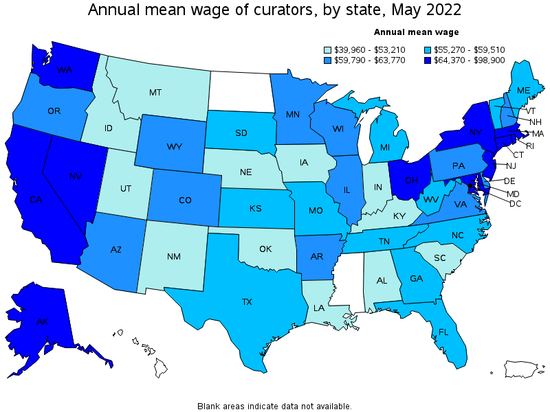 Map of annual mean wages of curators by state, May 2022