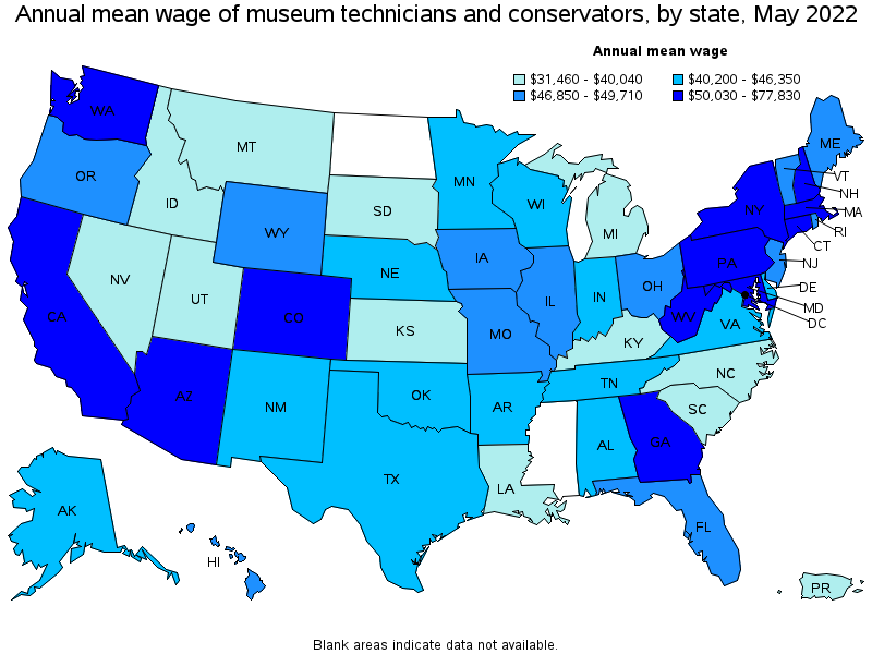 Map of annual mean wages of museum technicians and conservators by state, May 2022