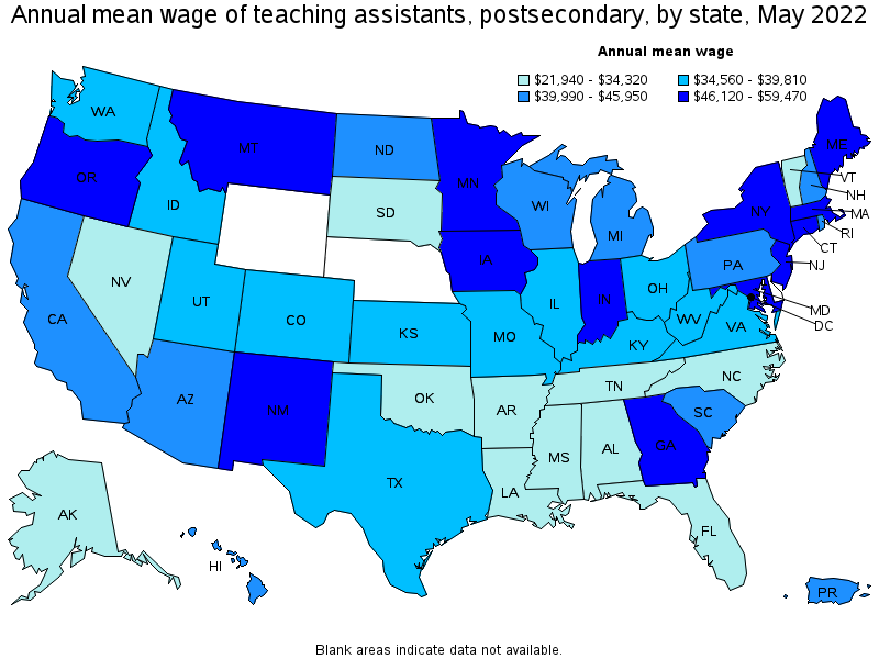 Map of annual mean wages of teaching assistants, postsecondary by state, May 2022