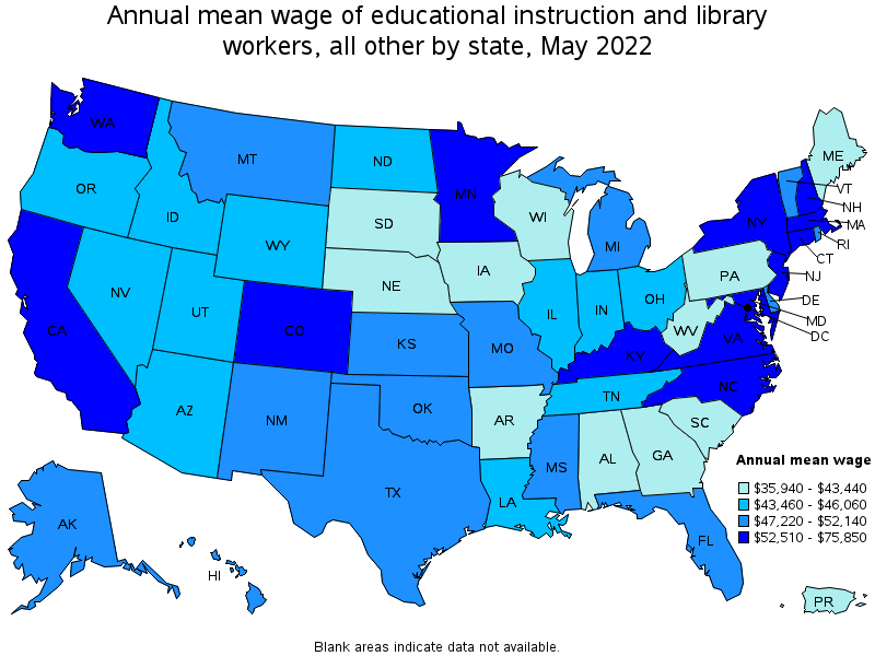 Map of annual mean wages of educational instruction and library workers, all other by state, May 2022