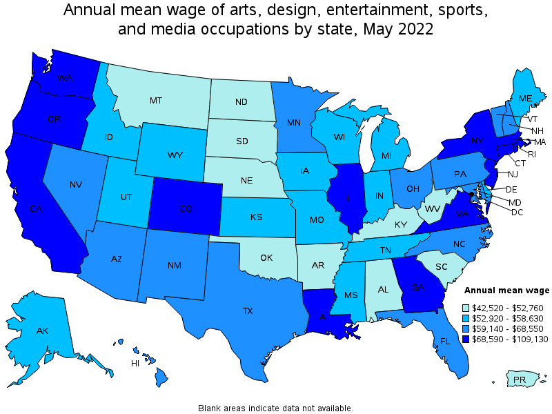 Map of annual mean wages of arts, design, entertainment, sports, and media occupations by state, May 2022