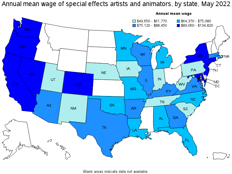 Map of annual mean wages of special effects artists and animators by state, May 2022
