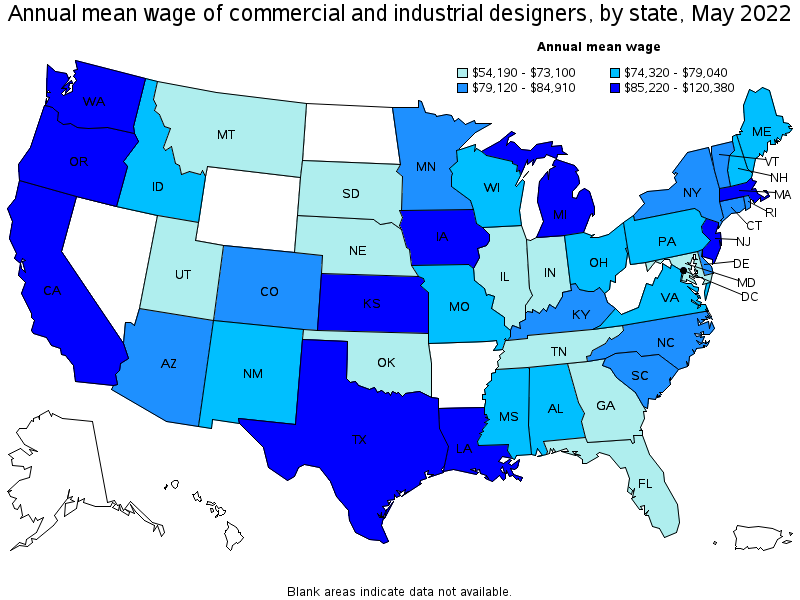 Map of annual mean wages of commercial and industrial designers by state, May 2022