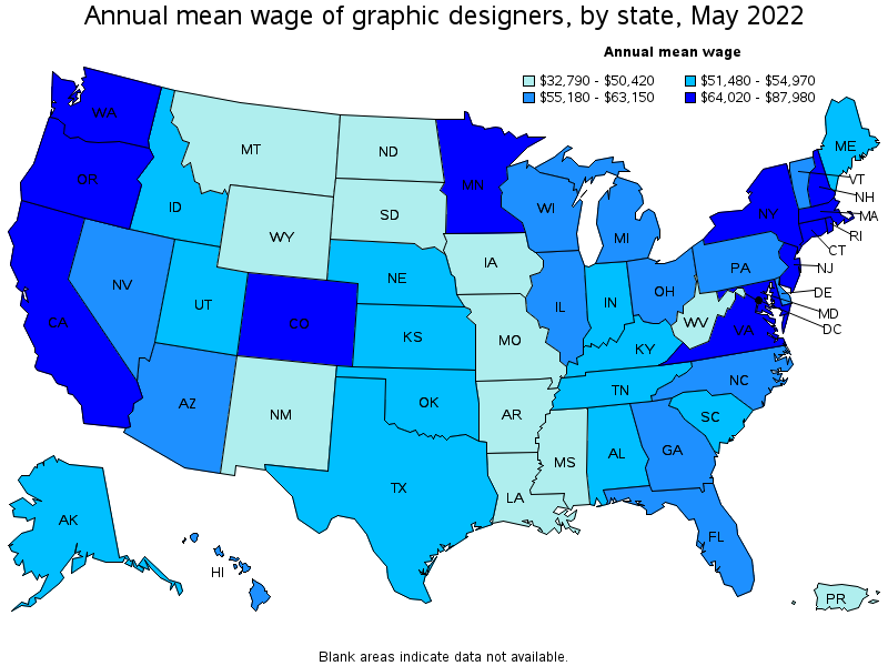 Map of annual mean wages of graphic designers by state, May 2022