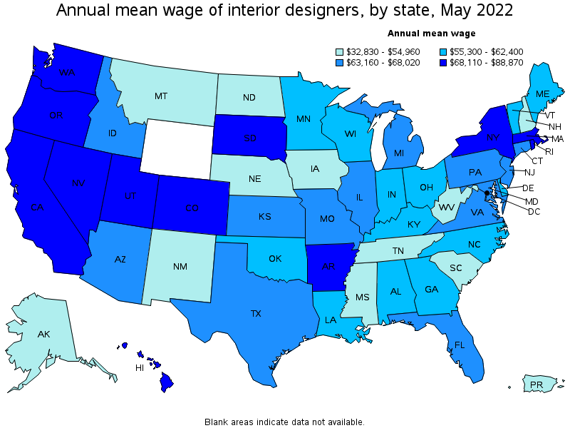 Map of annual mean wages of interior designers by state, May 2022