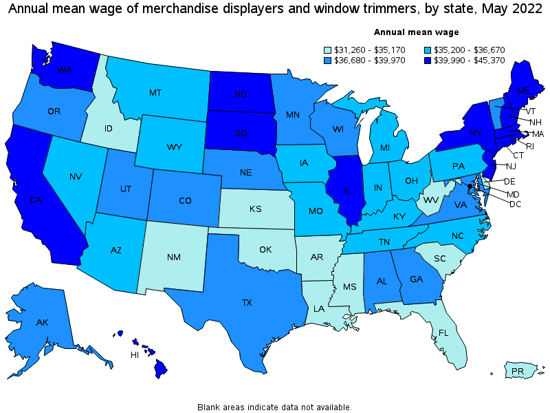 Map of annual mean wages of merchandise displayers and window trimmers by state, May 2022