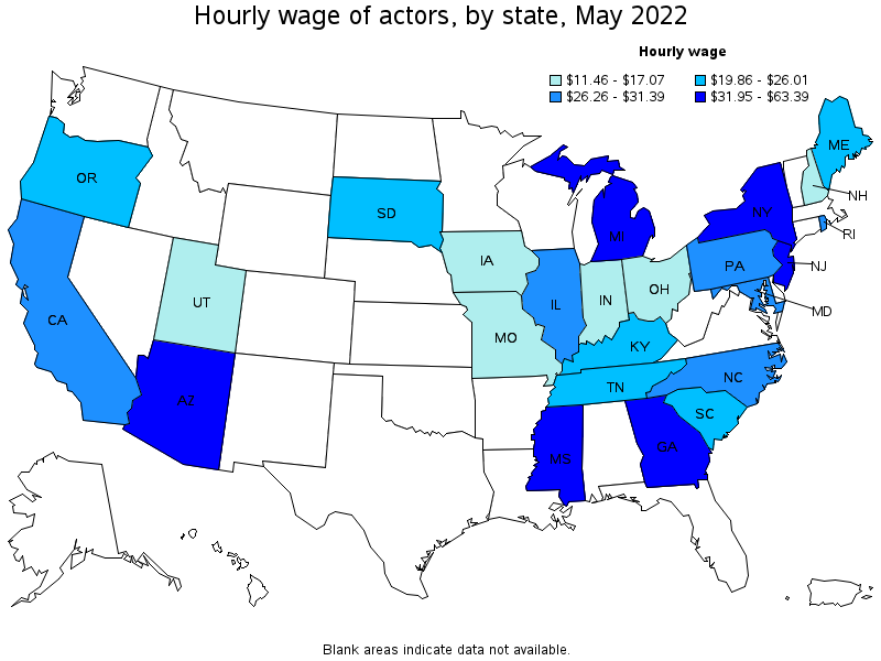 Map of annual mean wages of actors by state, May 2022
