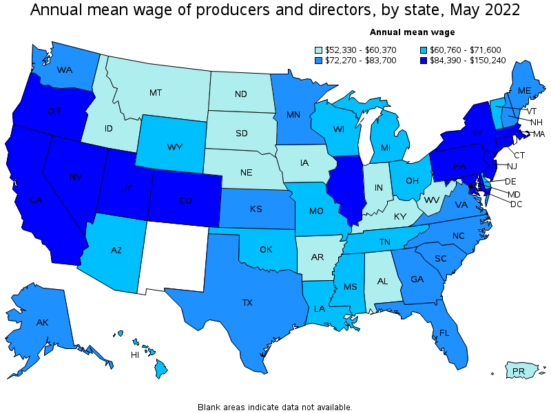 Map of annual mean wages of producers and directors by state, May 2022