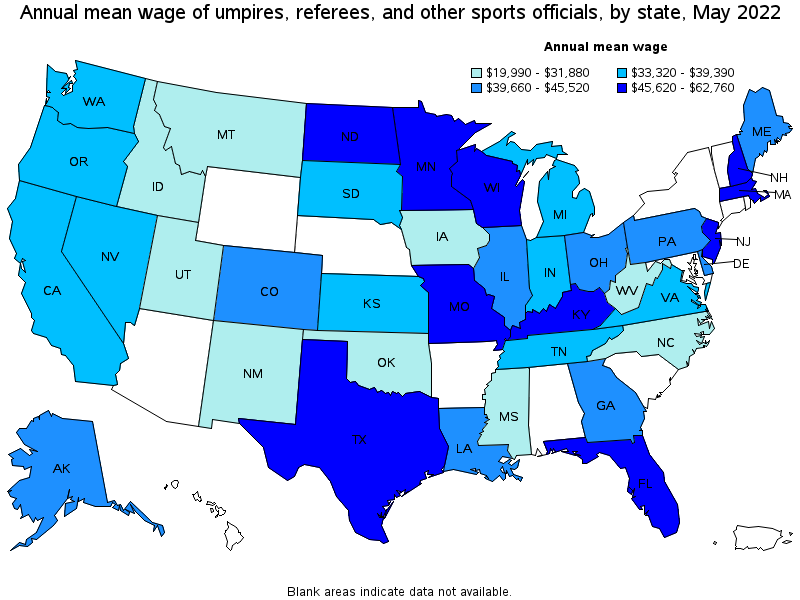 Map of annual mean wages of umpires, referees, and other sports officials by state, May 2022