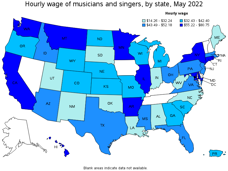 Map of annual mean wages of musicians and singers by state, May 2022