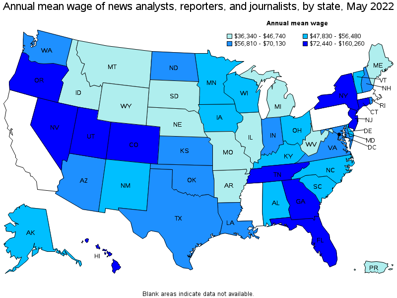 Map of annual mean wages of news analysts, reporters, and journalists by state, May 2022