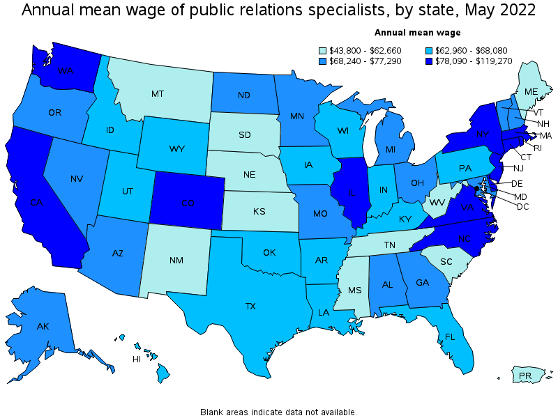 Map of annual mean wages of public relations specialists by state, May 2022