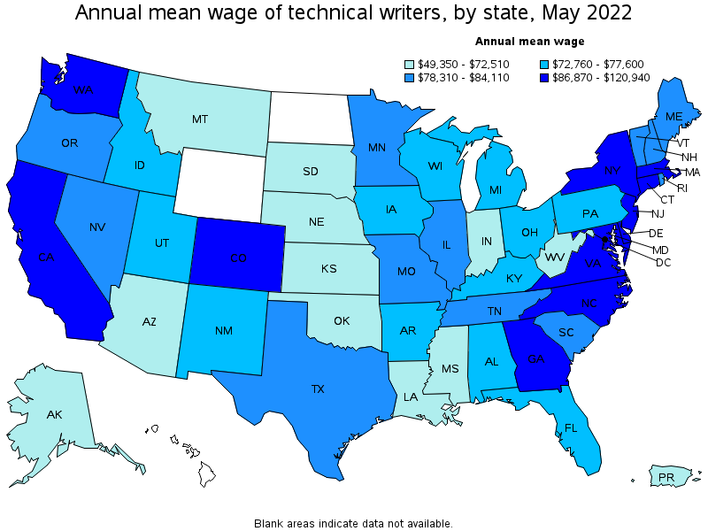 Map of annual mean wages of technical writers by state, May 2022