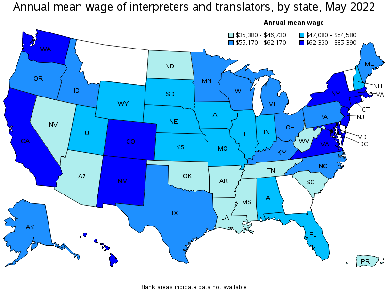 Map of annual mean wages of interpreters and translators by state, May 2022