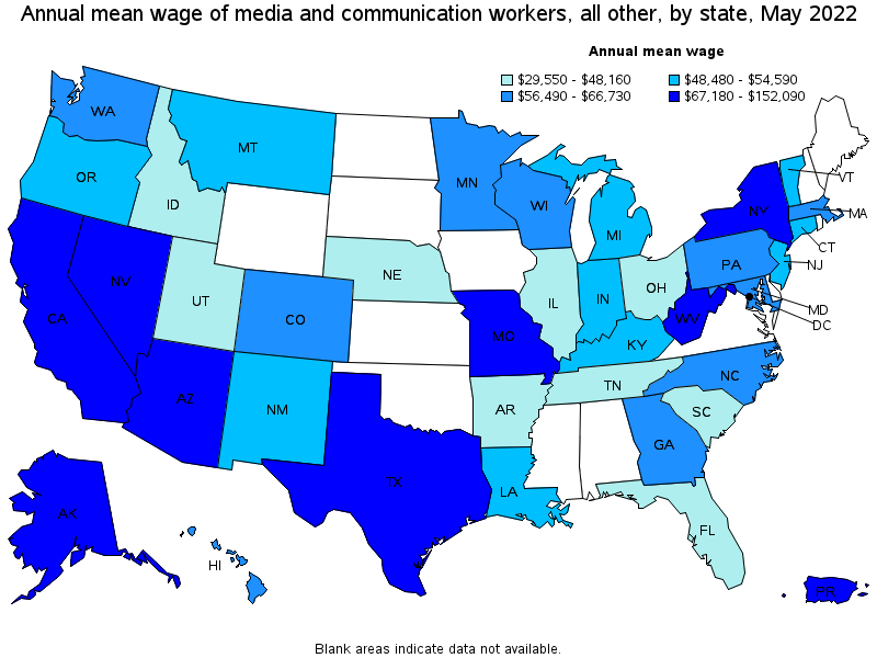 Map of annual mean wages of media and communication workers, all other by state, May 2022