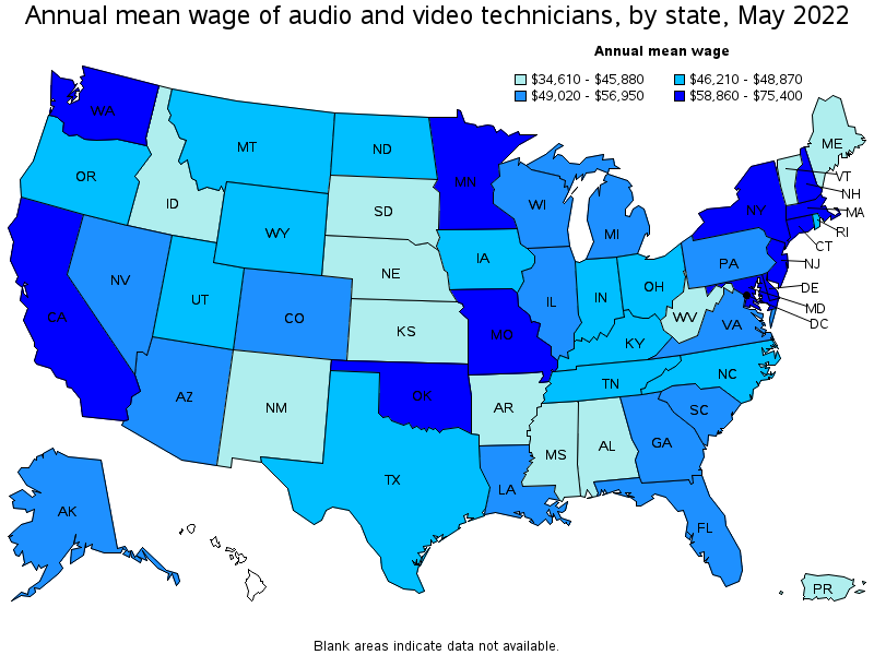 Map of annual mean wages of audio and video technicians by state, May 2022