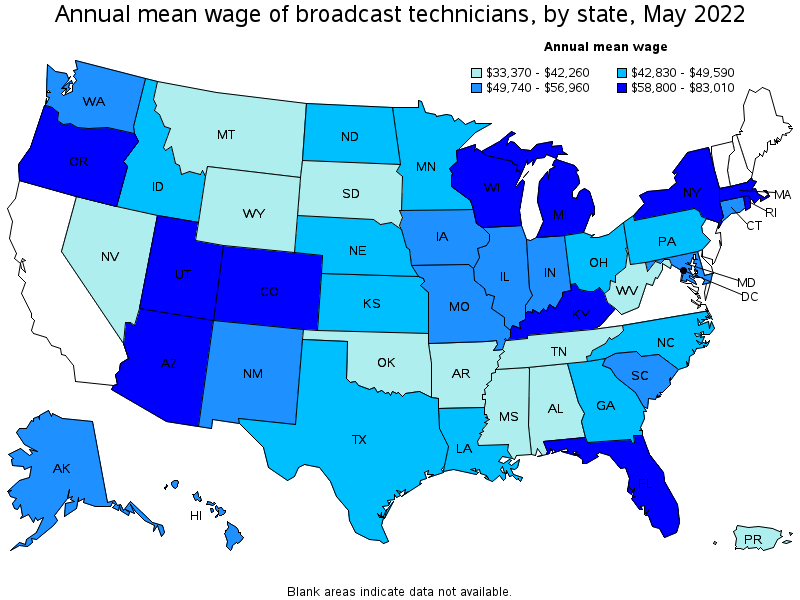 Map of annual mean wages of broadcast technicians by state, May 2022