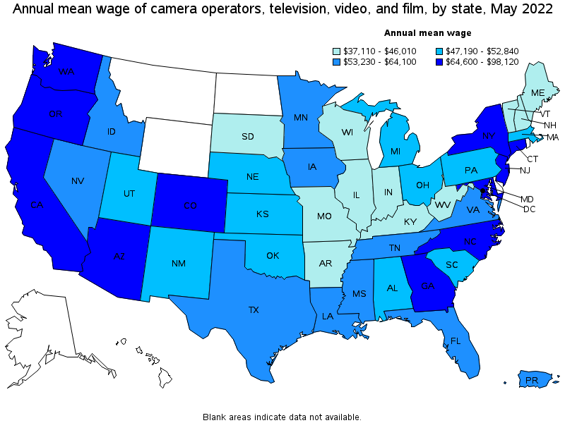 Map of annual mean wages of camera operators, television, video, and film by state, May 2022